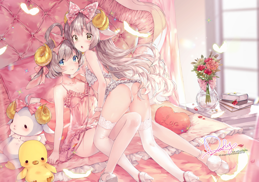 2girls, :o, ahoge, animal_ears, artist_name, ass, babydoll, bare_shoulders