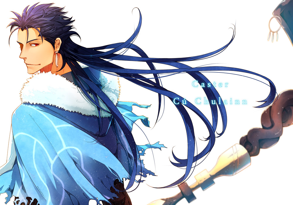1boy, blue_hair, capelet, character_name, closed_mouth, cu_chulainn_(caster)_(fate), cu_chulainn_(fate), earrings