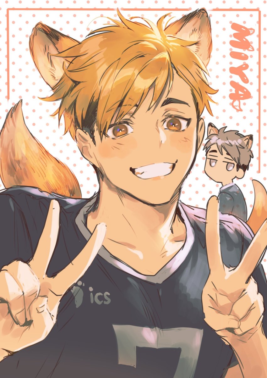 2boys, animal_ears, bikkusama, blonde_hair, fox_ears, fox_tail, haikyuu!!, highres