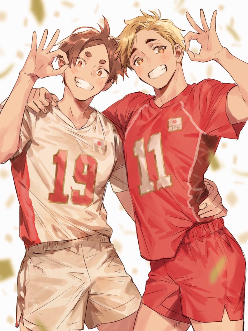 2boys, arm_around_another's_waist, arm_around_shoulder, arm_up, ass, bikkusama, blonde_hair, blurry, blurry_background, brown_eyes, brown_hair, confetti, dyed_hair, fang, grin, haikyuu!!, happy, highres, hug, japanese_flag, jersey, komori_motoya, light_blush, looking_at_viewer, male_focus, miya_atsumu, multiple_boys, ok_sign, open_mouth, pale_skin, red_legwear, red_shirt, red_shorts, shirt, shirt_tucked_in, short_hair, short_sleeves, shorts, smile, sports_uniform, sportswear, standing, teeth, thick_eyebrows, thighs, undercut, volleyball_uniform, white_background, white_legwear, white_shirt, white_shorts