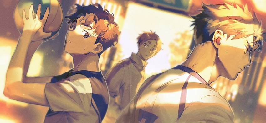 3boys, adam's_apple, ball, bikkusama, black_eyes, black_hair, brown_eyes, brown_hair