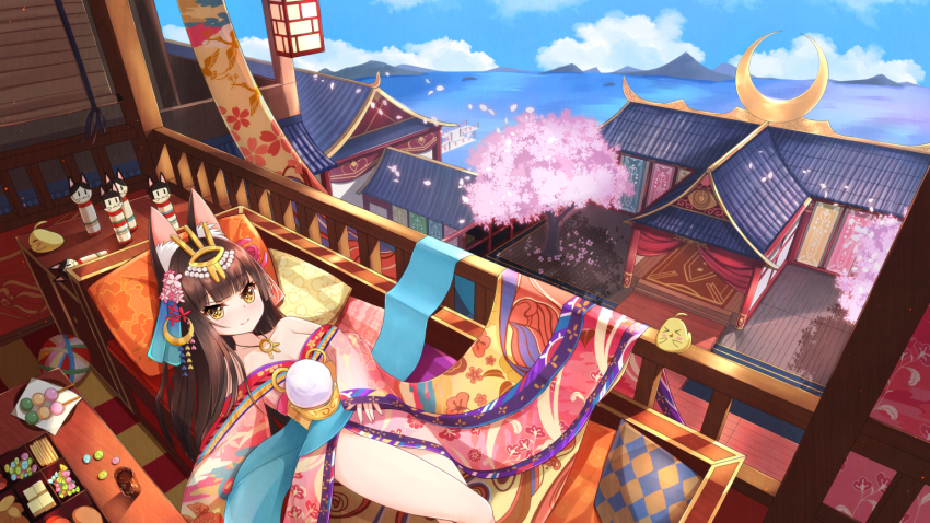 1girl, animal_ears, architecture, azur_lane, bed, bento, black_hair, blue_sky