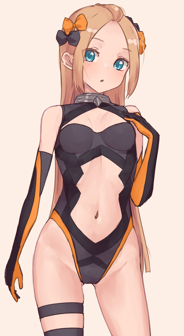 1girl, abigail_williams_(fate), bangs_pinned_back, black_bow, black_gloves, black_leotard, blonde_hair, blue_eyes