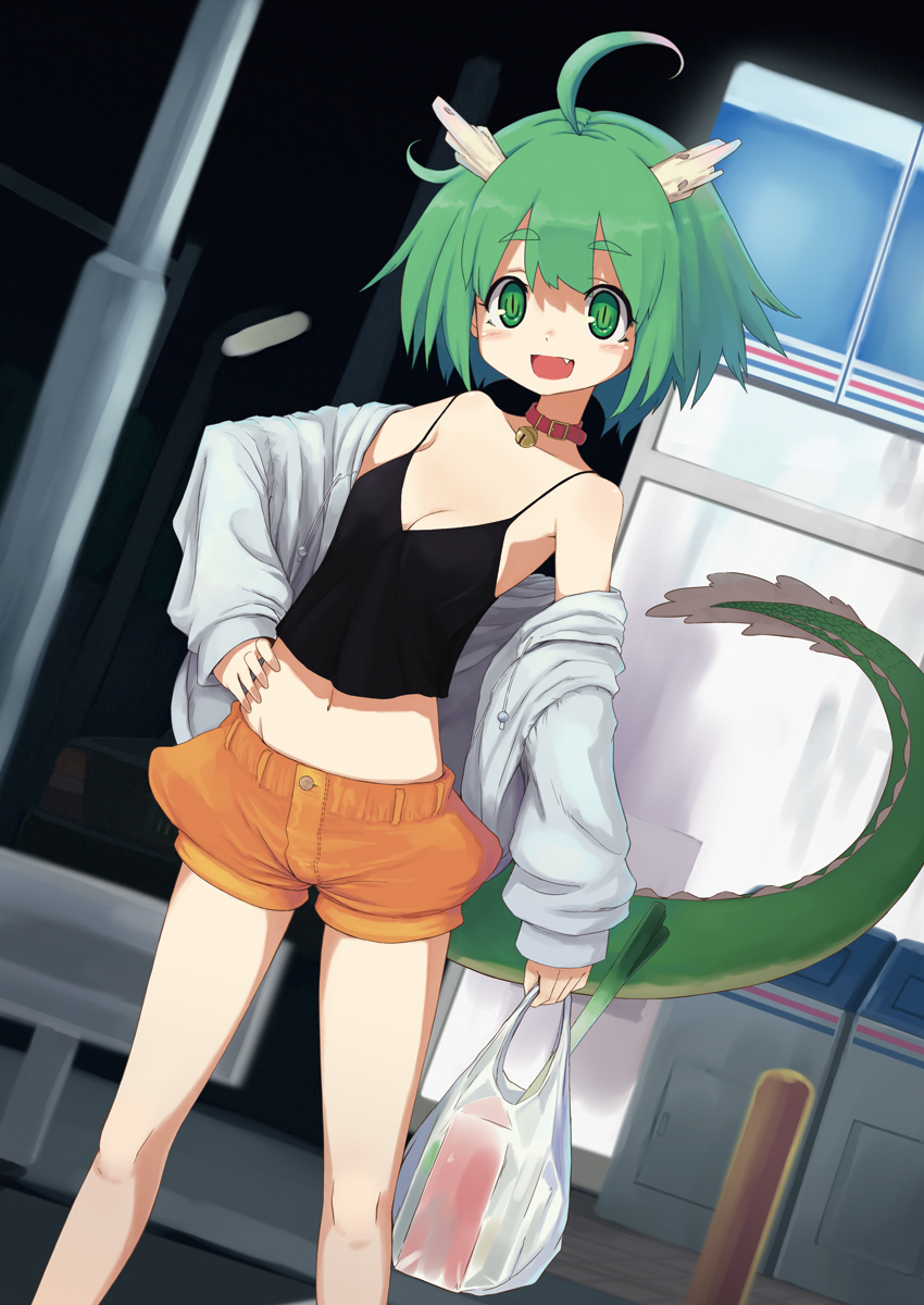 1girl, 29_(artist), :d, ahoge, bag, bell, blush, breasts, celery, cleavage, collar, dragon, dragon_girl, dutch_angle, fang, female_focus, green_eyes, green_hair, hand_on_own_hip, happy, highres, hip_focus, horns, jacket, legs, lizard_tail, matching_hair/eyes, midriff, monster_girl, navel, neck_bell, open_mouth, original, petite, shopping_bag, short_hair, shorts, slit_pupils, smile, solo, spring_onion, tail, tank_top