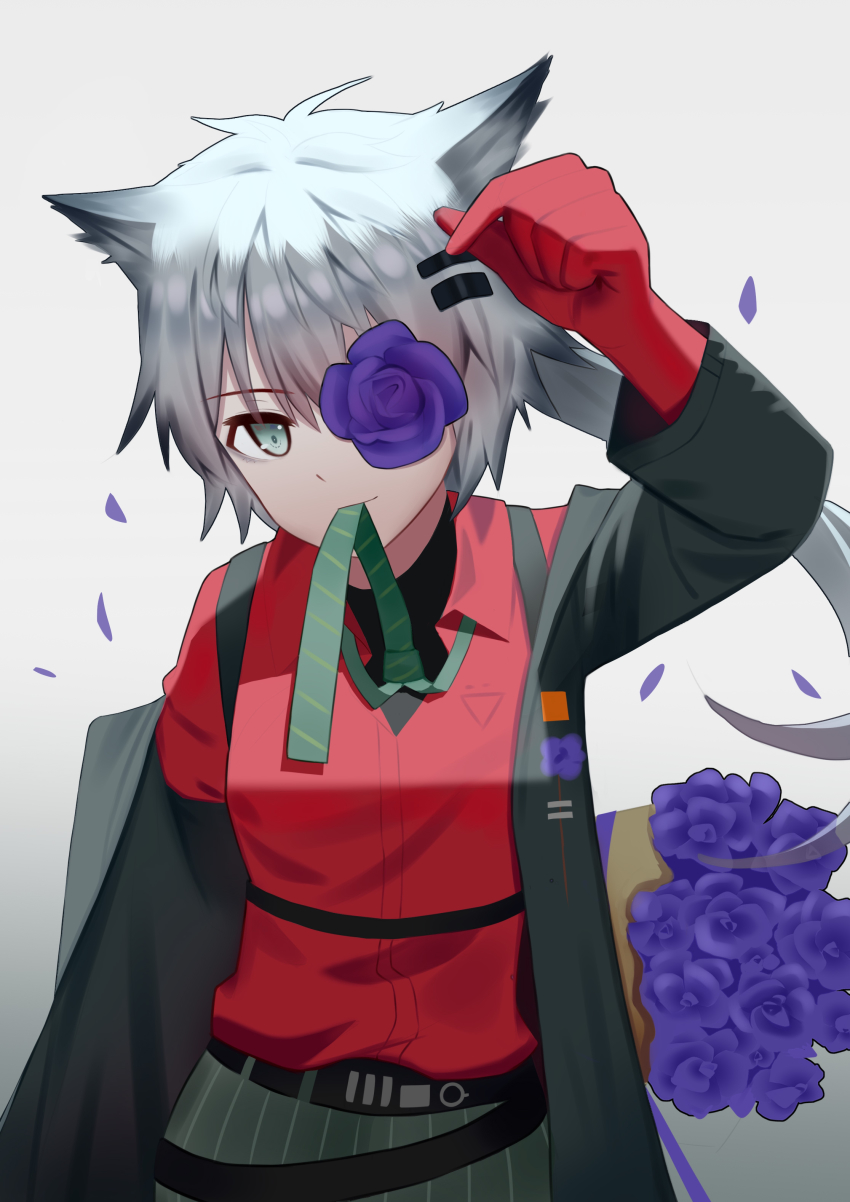 1girl, absurdres, animal_ears, arknights, arm_up, belt, black_belt, black_jacket