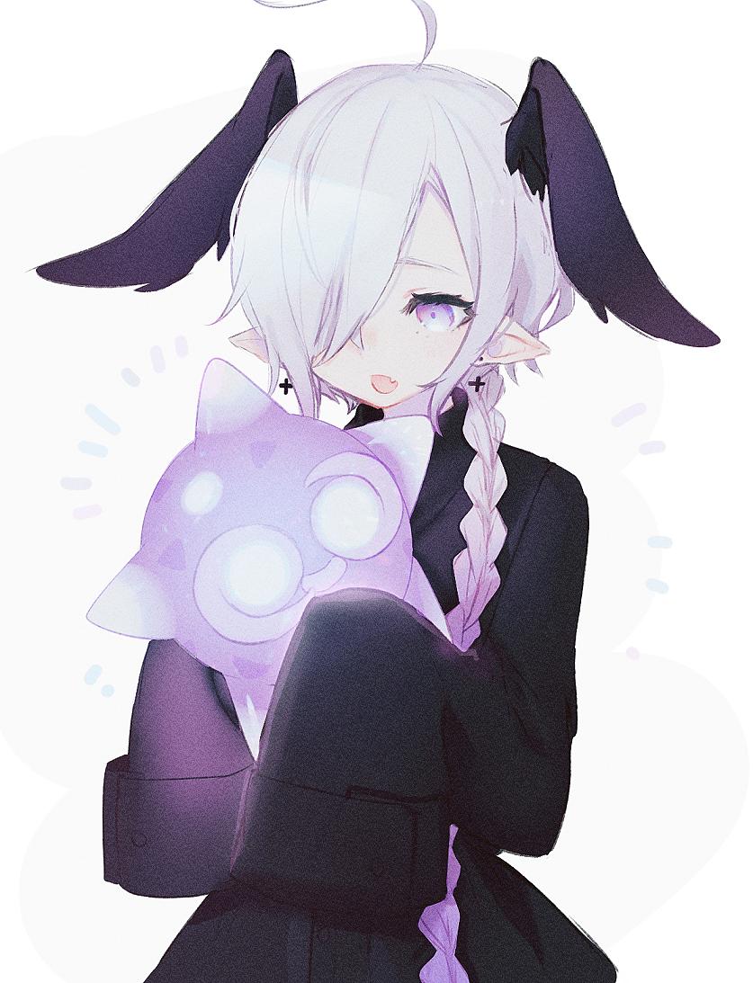 1girl, :d, ahoge, black_dress, braid, cross, cross_earrings, dress