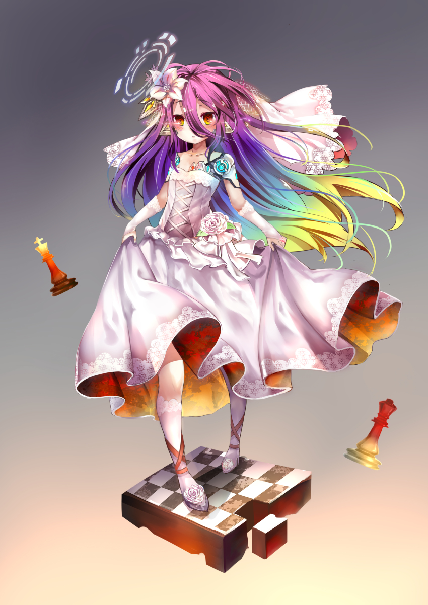 1girl, absurdres, android, chessboard, dress, flower, hair_flower, hair_ornament, high_heels, highres, multicolored_eyes, multicolored_hair, no_game_no_life, schwi_dola, schwi_(no_game_no_life), solo