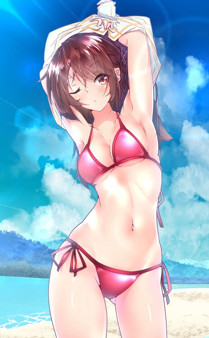 1girl, armpits, arms_behind_back, arms_up, beach, bikini, blue_sky, breasts, brown_eyes, brown_hair, cloud, cowboy_shot, day, halkawa501, halterneck, highres, kanojo_okarishimasu, lens_flare, long_hair, looking_at_viewer, medium_breasts, mizuhara_chizuru, mountain, navel, ocean, one_eye_closed, outdoors, pink_bikini, side-tie_bikini_bottom, sky, solo, string_bikini, swimsuit, undressing