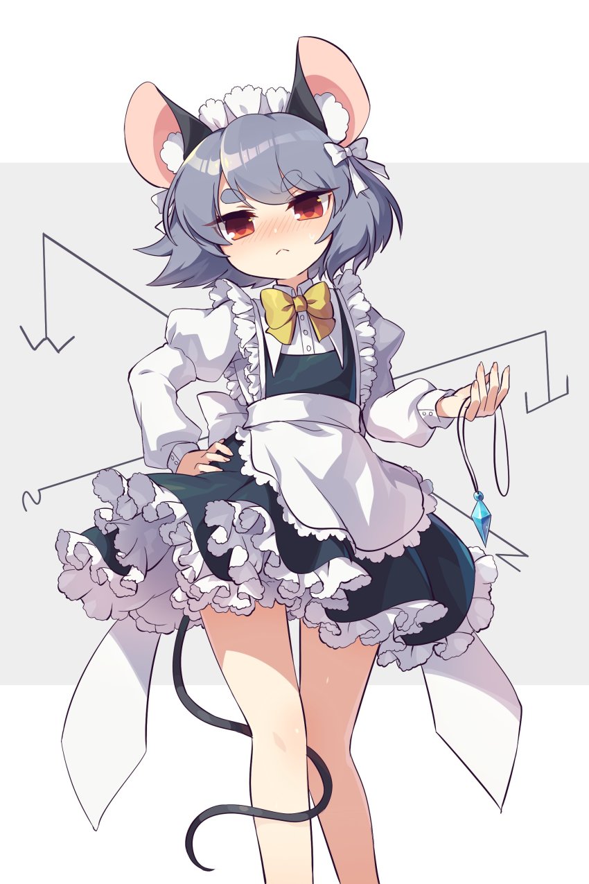 1girl, :<, absurdres, alternate_costume, animal_ear_fluff, animal_ears, apron, bare_legs