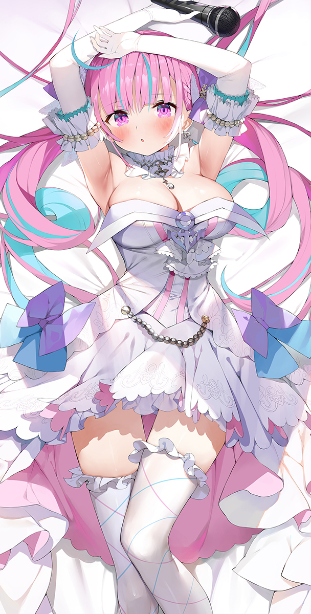 1girl, armpits, bed_sheet, blue_hair, blush, braid, breasts, cleavage, dakimakura_(medium), detached_collar, detached_sleeves, dress, earrings, elbow_gloves, gaou_(umaiyo_puyoman), gloves, hands_up, highres, holding, holding_microphone, hololive, idol, jewelry, large_breasts, looking_at_viewer, lying, microphone, minato_aqua, minato_aqua_(aqua_iro_super_dream), multicolored_hair, on_back, on_bed, parted_lips, pink_eyes, pink_hair, short_sleeves, solo, streaked_hair, striped_clothes, striped_thighhighs, thigh_gap, thighhighs, twintails, two-tone_hair, virtual_youtuber, white_dress, white_gloves, white_thighhighs