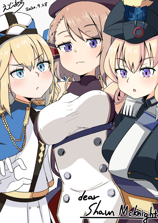 3girls, :<, azur_lane, belt, beret, bicorne, black_neckwear, blue_cape