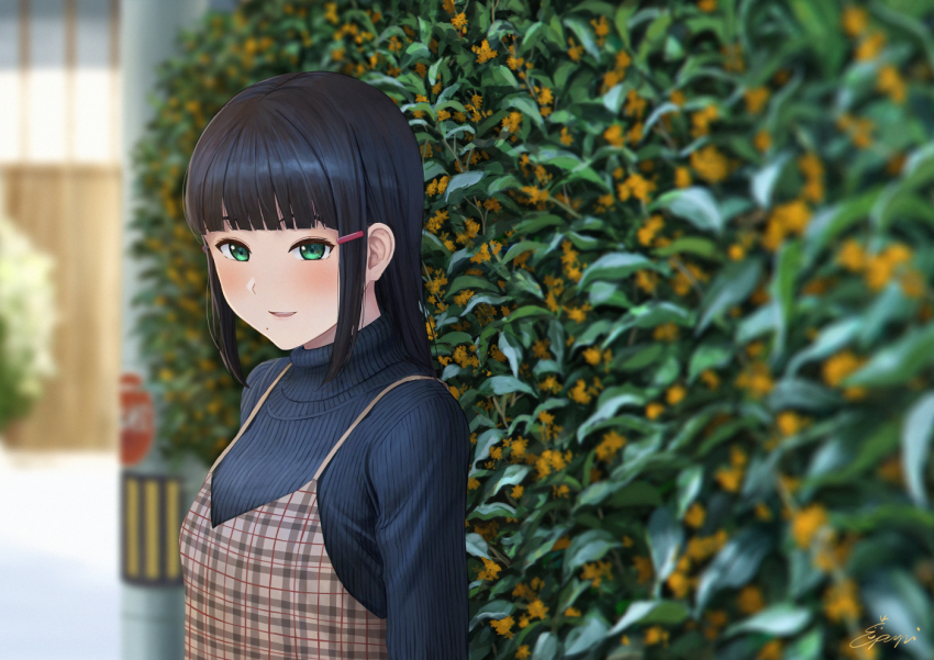 1girl, :d, alternate_costume, bad_id, bad_pixiv_id, black_hair, black_sweater, blunt_bangs, blurry, blurry_background, blurry_foreground, blush, brown_dress, casual, commentary_request, day, depth_of_field, dress, fantastic_departure!, green_eyes, hair_ornament, hairclip, hedge, kurosawa_dia, long_hair, looking_away, looking_down, love_live!, love_live!_school_idol_festival, love_live!_sunshine!!, mole, mole_under_mouth, open_mouth, outdoors, papi_(papiron100), pinafore_dress, plaid_clothes, plaid_dress, signature, sleeveless, sleeveless_dress, smile, solo, sweater, upper_body