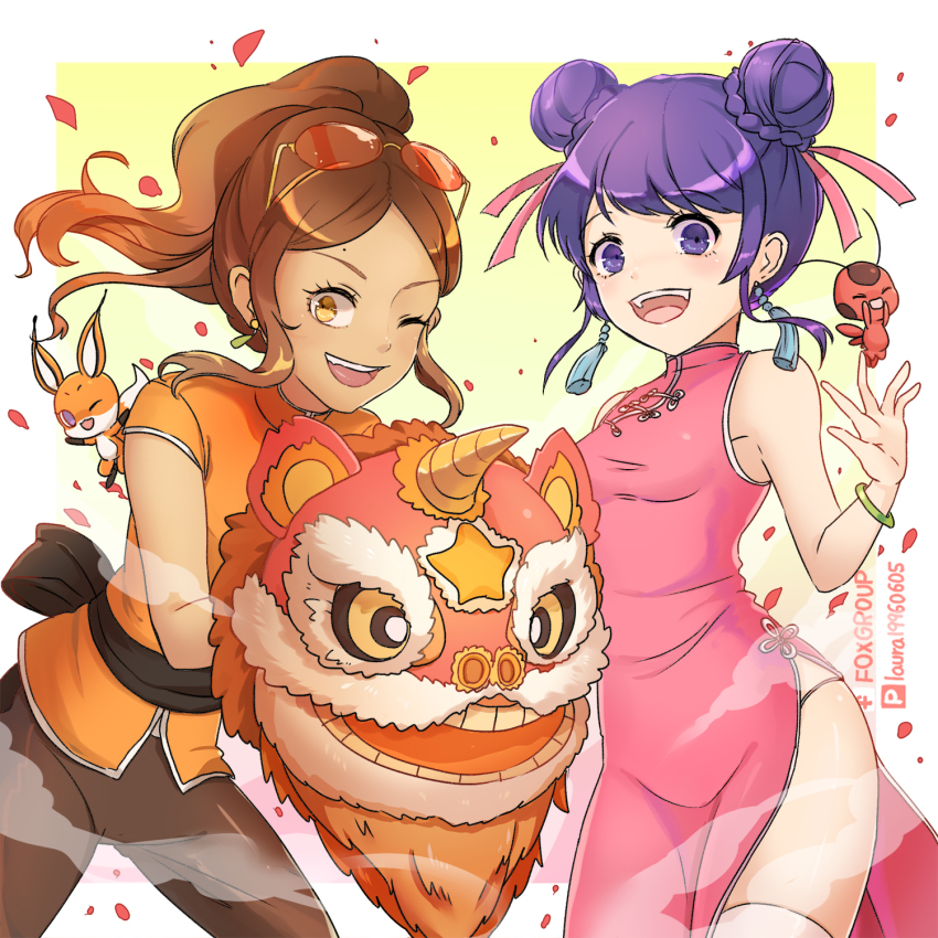 2girls, alya_cesaire, bracelet, breasts, brown_hair, china_dress, chinese_clothes, dark-skinned_female