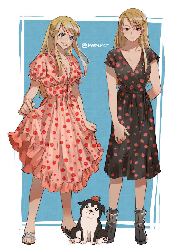 2girls, black_dress, blonde_hair, blue_eyes, brown_eyes, closed_mouth, dress, fullmetal_alchemist, fullmetal_alchemist:_milos_no_seinaru_hoshi, kadeart, multiple_girls, pink_dress, riza_hawkeye, smile, standing, strawberry_dress, winry_rockbell
