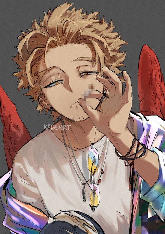 1boy, bird_wings, blonde_hair, boku_no_hero_academia, cigarette, denim, earrings, facial_hair