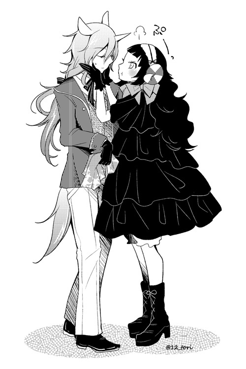 1boy, 1girl, :t, puff_of_air, animal_crossing, animal_ears, annoyed, artist_name