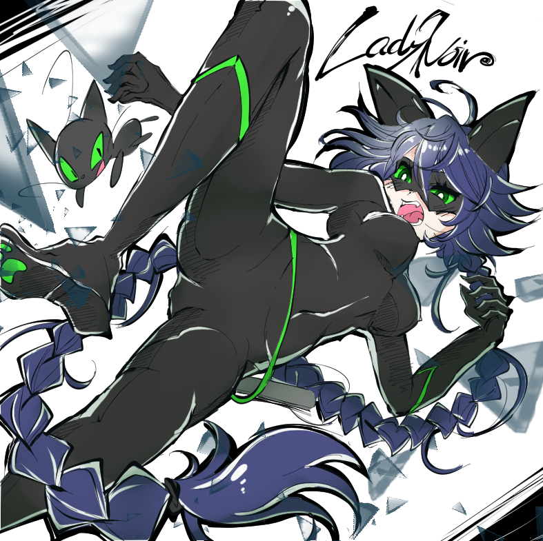 1girl, alternate_costume, animal_ears, black_hair, bodysuit, braid, breasts, cat_ears, cat_girl, covered_erect_nipples, domino_mask, eye_mask, eyebrows_visible_through_mask, fangs, green_eyes, kwami, lady_noire, long_hair, marinette_dupain-cheng, mask, miraculous_ladybug, plagg_(miraculous_ladybug)