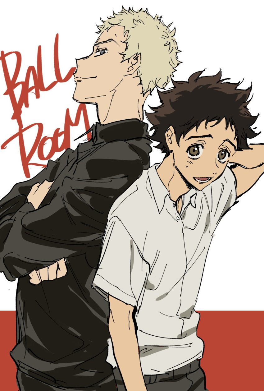 2boys, back-to-back, ballroom_e_youkoso, bare_arms, bikkusama, black_jacket, black_legwear, black_pants