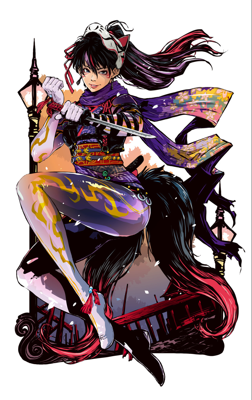 1girl, facial_mark, fox_mask, highres, jbstyle, kunimitsu_ii, mask, multicolored_hair