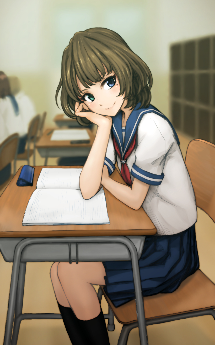 1girl, black_socks, blue_eyes, blue_sailor_collar, blue_skirt, blurry, blurry_background, brown_hair