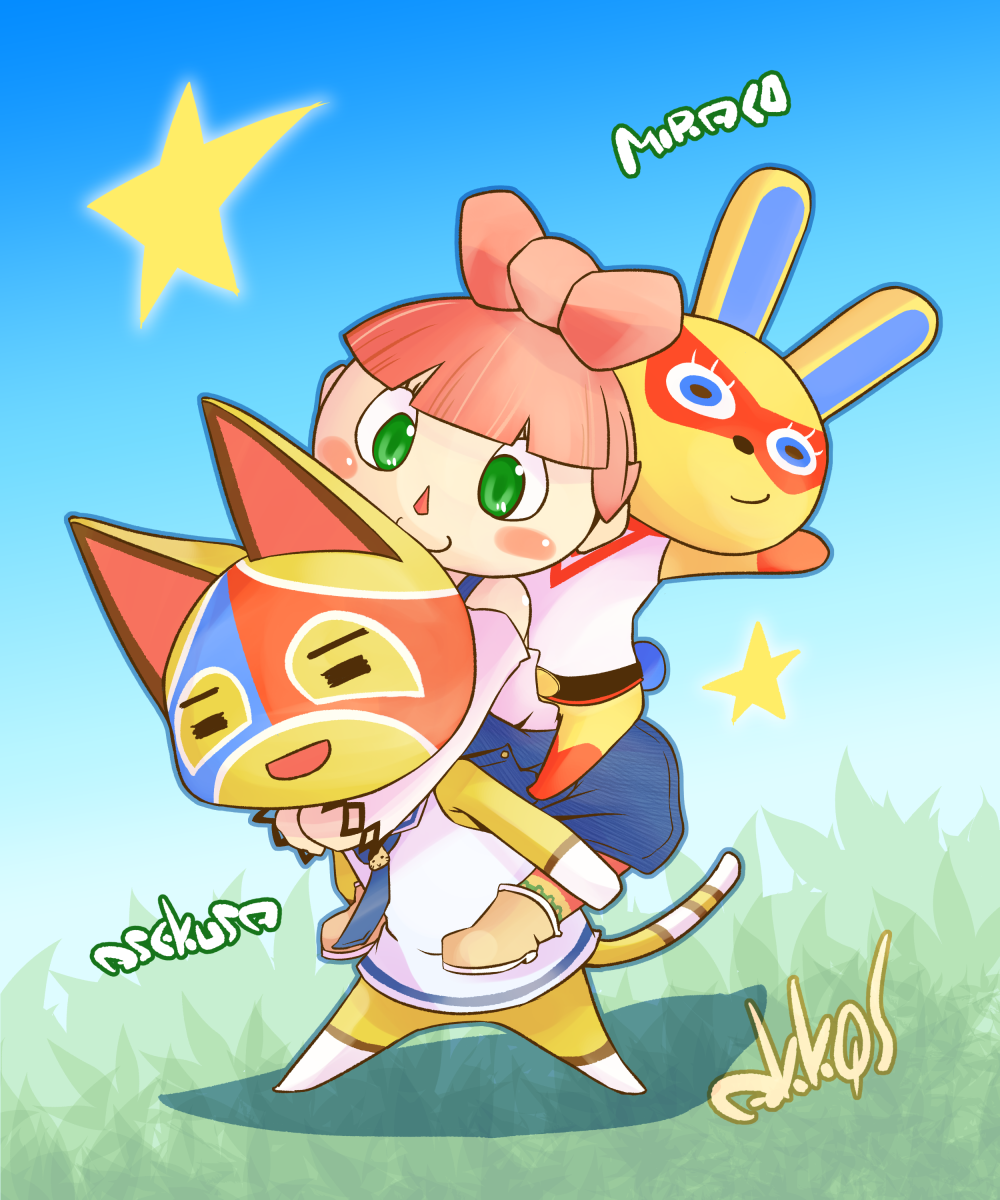1boy, 2girls, animal_crossing, animal_ears, arm_up, artist_name, bare_shoulders, barefoot
