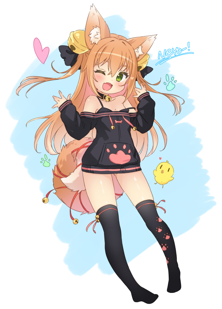 1girl, ;d, animal_ear_fluff, animal_ears, bare_shoulders, bell, black_bow, black_collar, black_hoodie, black_thighhighs, blue_background, bow, brown_hair, collar, collarbone, commentary, fang, full_body, green_eyes, hair_bell, hair_between_eyes, hair_bow, hair_ornament, hands_up, hood, hoodie, indie_virtual_youtuber, jigatei_(omijin), jingle_bell, komari_lunpai, long_sleeves, looking_at_viewer, neck_bell, no_shoes, off_shoulder, one_eye_closed, open_mouth, pigeon-toed, red_ribbon, ribbon, sleeves_past_wrists, smile, solo, strap_slip, tail, tail_ornament, tail_ribbon, thighhighs, two-tone_background, two_side_up, virtual_youtuber, white_background