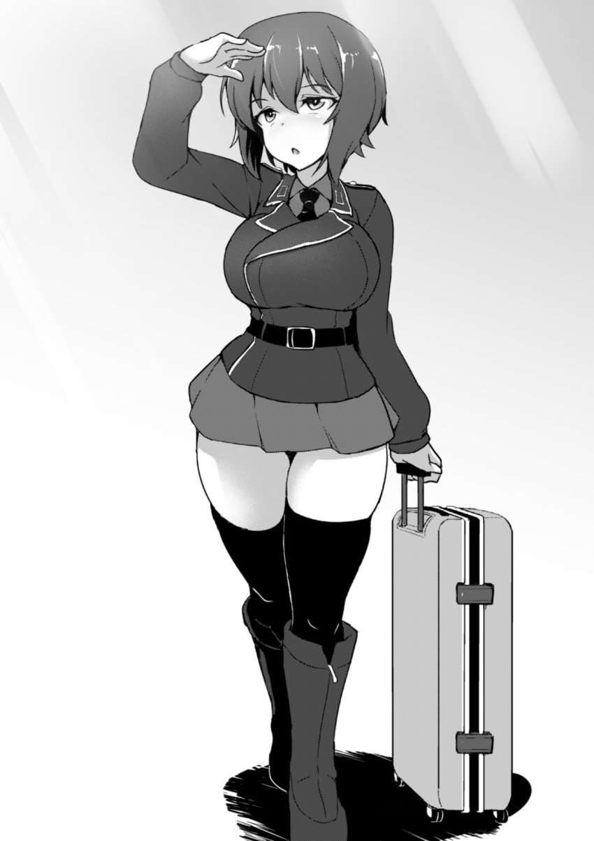 1girl, arm_up, belt, boots, breasts, briefcase, commentary, dress_shirt