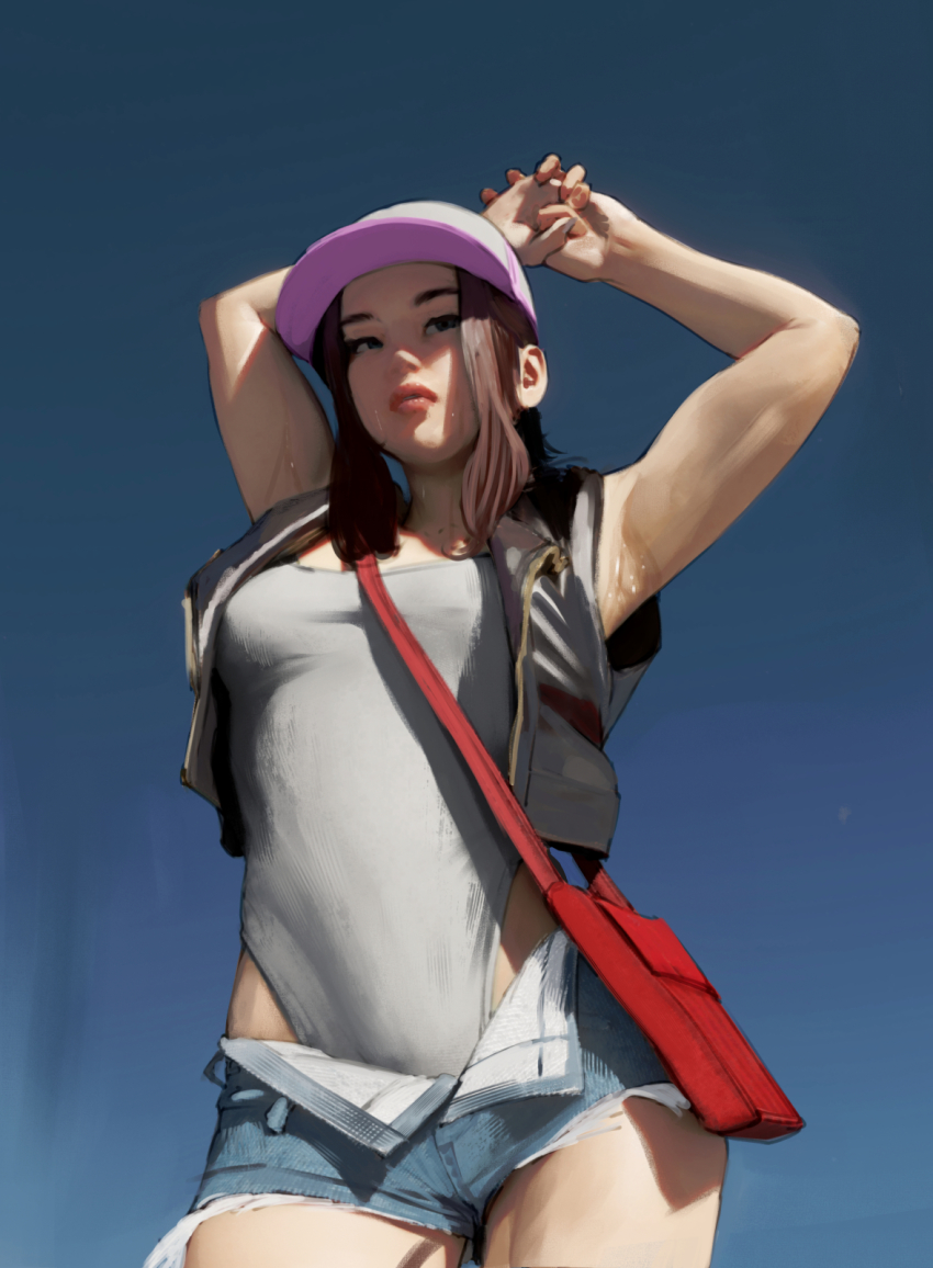 1girl, armpits, arms_behind_head, arms_up, bag, baseball_cap, blue_background, book_bag, breasts, brown_hair, commentary, cowboy_shot, cropped_vest, cutoffs, day, diathorn, female_focus, from_below, gradient_background, hat, highleg, highleg_leotard, highres, hilda_(pokemon), leotard, leotard_under_clothes, lips, looking_to_the_side, lowleg, lowleg_shorts, medium_breasts, medium_hair, nintendo, nose, open_fly, outdoors, pokemon, pokemon_black_and_white, realistic, short_shorts, shorts, simple_background, sleeveless, small_breasts, solo, standing, sweat, thighs, vest