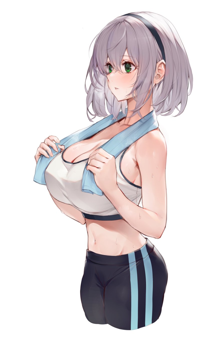 1girl, absurdres, alternate_costume, blush, breasts, cleavage, cropped_legs, from_side, green_eyes, highres, hololive, huge_breasts, large_breasts, navel, pants, shirogane_noel, short_hair, simple_background, solo, sports_bra, sportswear, sweat, towel, towel_around_neck, virtual_youtuber, watao, white_background, white_hair