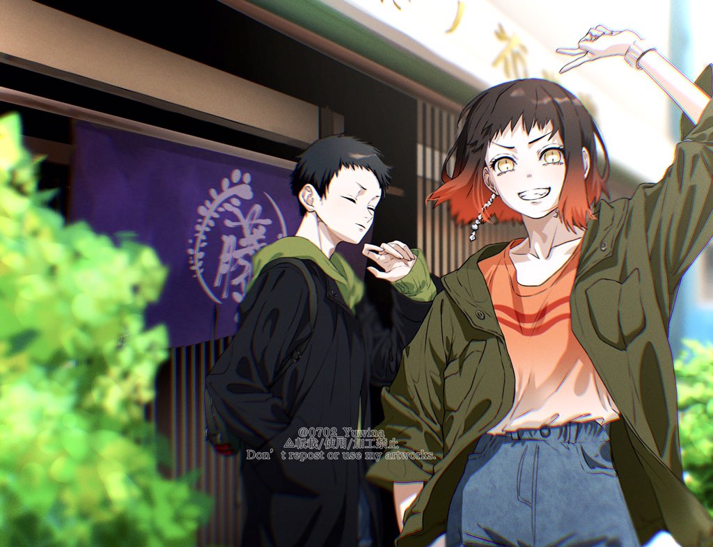 0702_yuwina, 1boy, 1girl, black_hair, black_jacket, bracelet, closed_eyes, denim