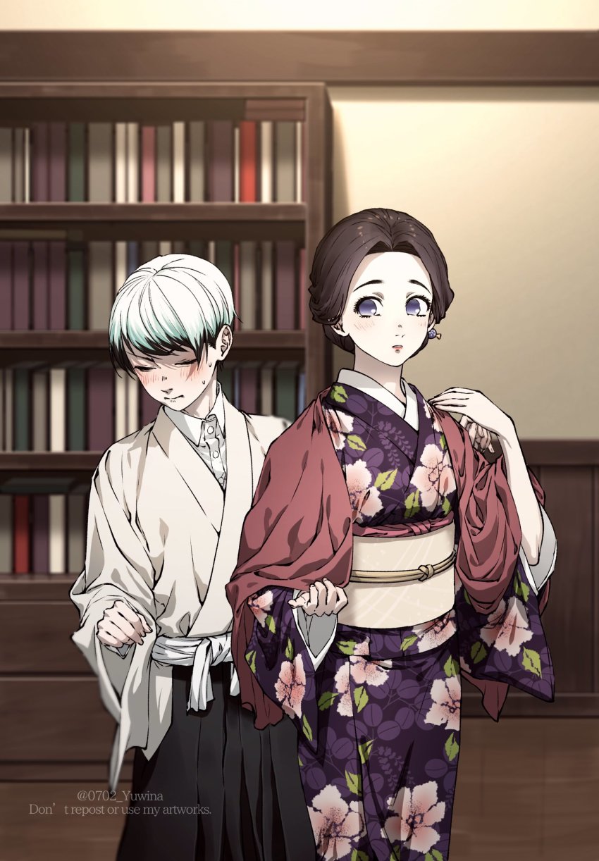 0702_yuwina, 1boy, 1girl, black_hair, blush, book, book_shelves, earrings, flower_print, flower_print_kimono, highres, jewelry, kimetsu_no_yaiba, multicolored_hair, piercing, purple_eyes, silver_hair, tamayo_(kimetsu_no_yaiba), two-tone_hair, yushiro_(kimetsu_no_yaiba)