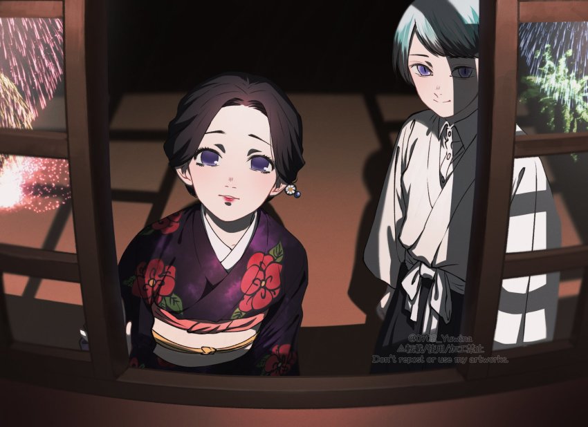 0702_yuwina, 1boy, 1girl, black_hair, earrings, fireworks, flower_kimono, flower_pattern, flower_print, highres, japanese_clothes, jewelry, kimetsu_no_yaiba, kimono, lipstick, makeup, multicolored_hair, piercing, purple_eyes, reflection, silver_hair, smile, tamayo_(kimetsu_no_yaiba), two-tone_hair, unusual_pupils, white_kimono, yushiro_(kimetsu_no_yaiba)