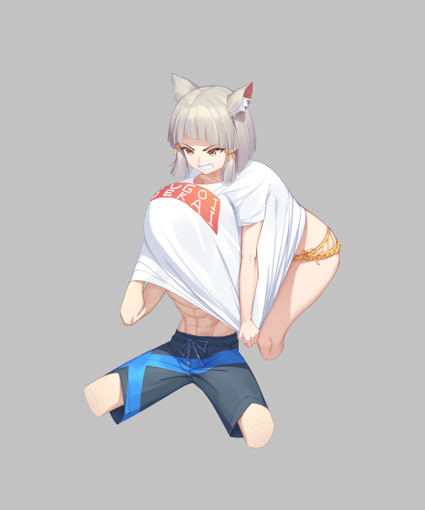 1boy, 1girl, abs, absurdres, animal_ear_fluff, animal_ears, bikini, bikini_bottom_only, black_male_swimwear, black_swim_trunks, blunt_bangs, cat_ears, clothes_writing, cropped_legs, finaru-dorim, grey_background, grin, highres, male_swimwear, nia_(xenoblade), print_male_swimwear, print_swim_trunks, print_swimsuit, rex_(cloud_sea_shark)_(xenoblade), rex_(xenoblade), romaji_text, shirt, shirt_over_head, short_hair, silver_hair, simple_background, smile, sugoi_dekai, swim_trunks, swimsuit, t-shirt, uzaki-chan_wa_asobitai!, white_shirt, xenoblade_chronicles_(series), xenoblade_chronicles_2, yellow_bikini, yellow_eyes