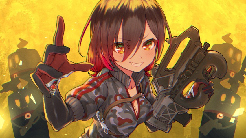 1girl, android, apex_legends, blush, breasts, brown_hair, camouflage, camouflage_jacket