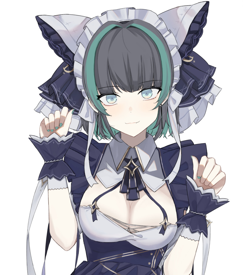 1girl, a_iri_a, aqua_eyes, azur_lane, bad_id, bad_pixiv_id, black_hair, breasts, cheshire_(azur_lane), cleavage, closed_mouth, dress, ear_piercing, hair_ribbon, highres, looking_at_viewer, medium_breasts, medium_hair, multicolored_hair, nail_polish, paw_pose, piercing, ribbon, solo, white_background