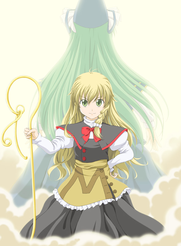 2girls, blonde_hair, female_focus, green_eyes, green_hair, hat, imo_(imoyashiki), imoimo, kirisame_marisa, long_hair, mima_(touhou), multiple_girls, missing_headwear, no_headwear, staff, touhou, touhou_(pc-98), wizard_hat