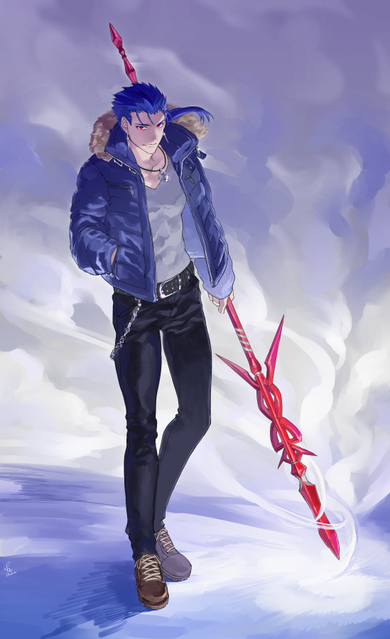 1boy, alternate_costume, blue_hair, chain, closed_mouth, cu_chulainn_(fate), cu_chulainn_(fate/extra), earrings