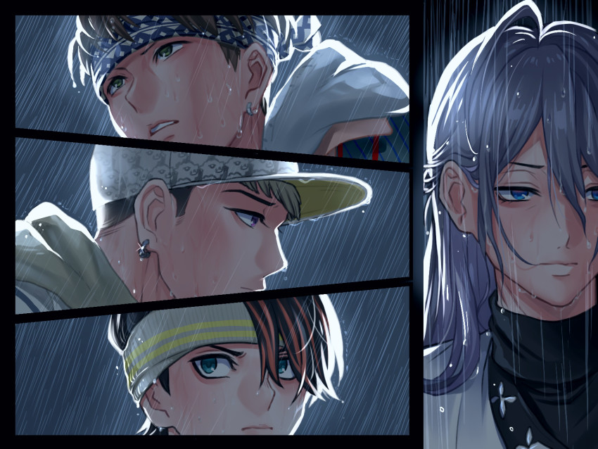 4boys, baseball_cap, blue_eyes, closed_mouth, earrings, green_eyes, hat, headband