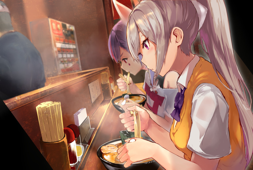 1boy, 2girls, absurdres, chopsticks, eating, extra, food, highres