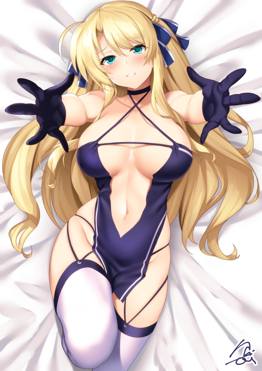 1girl, arms_up, azur_lane, black_gloves, blonde_hair, blush, breasts, choker, commission, cosplay, criss-cross_halter, garter_straps, gloves, green_eyes, hair_ribbon, halterneck, highres, large_breasts, long_hair, looking_at_viewer, lying, lyrical_nanoha, mahou_shoujo_lyrical_nanoha_vivid, navel, on_back, parted_lips, pelvic_curtain, raiou, reaching, reaching_towards_viewer, revealing_clothes, ribbon, shoukaku_(azur_lane), shoukaku_(azur_lane)_(cosplay), shoukaku_(sororal_wings)_(azur_lane), sidelocks, signature, skeb_commission, smile, solo, thighhighs, viktoria_dahlgrun, white_thighhighs