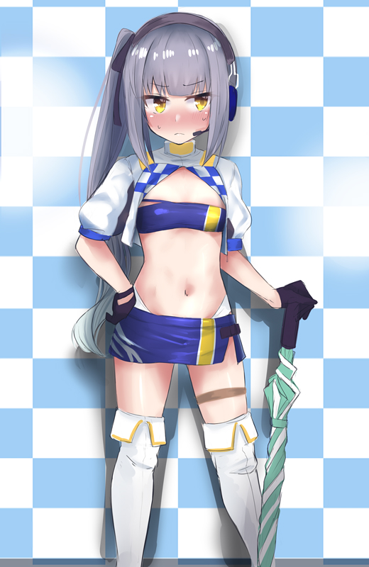1girl, bandeau, black_gloves, blue_bandeau, blue_skirt, blush, boots, checkered_background, closed_mouth, cosplay, cropped_jacket, feet_out_of_frame, gloves, gotland_(2020_race_queen)_(kancolle), gotland_(kancolle), gotland_(kancolle)_(cosplay), grey_hair, hand_on_own_hip, headphones, high_heel_boots, high_heels, holding, holding_umbrella, jacket, kantai_collection, kasumi_(kancolle), long_hair, navel, race_queen, sasakura_(calicchio), short_sleeves, side_ponytail, skirt, solo, thigh_strap, thighhighs, umbrella, white_boots, white_jacket, yellow_eyes