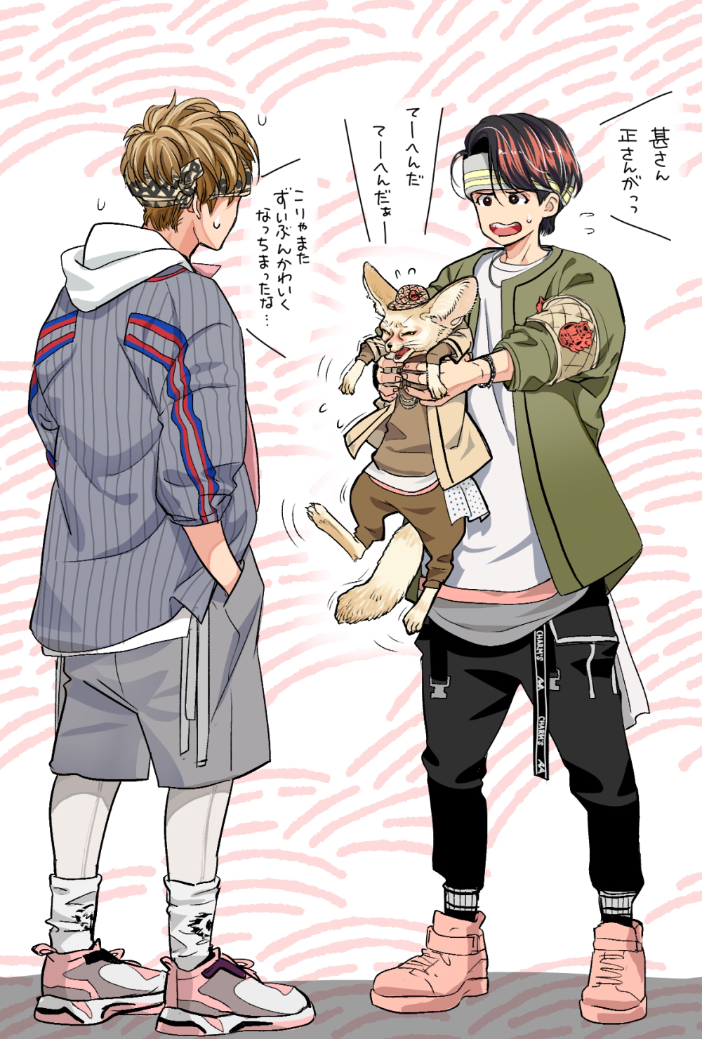 2boys, angry, animal, animalization, baseball_jersey, belt, black_hair, brown_hair