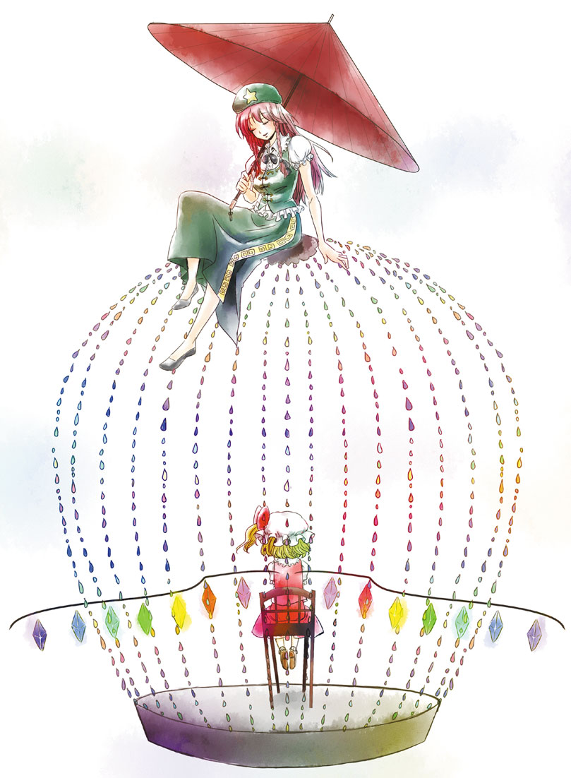 2girls, back, cage, chair, colorful, closed_eyes, female_focus, flandre_scarlet