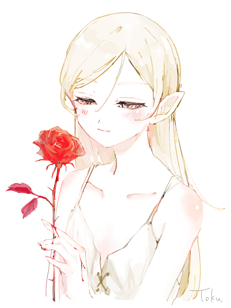 1girl, \||/, artist_name, bakemonogatari, bare_shoulders, blonde_hair, blood, blood_on_hands, blush, closed_mouth, collarbone, dress, fang, flat_chest, flower, hair_between_eyes, holding, holding_flower, kf8fw, kiss-shot_acerola-orion_heart-under-blade, kiss-shot_acerola-orion_heart-under-blade_(young), kizumonogatari, long_hair, looking_down, monogatari_(series), oshino_shinobu, pointy_ears, red_flower, rose, simple_background, sleeveless, sleeveless_dress, smile, solo, upper_body, white_background, white_dress, yellow_eyes