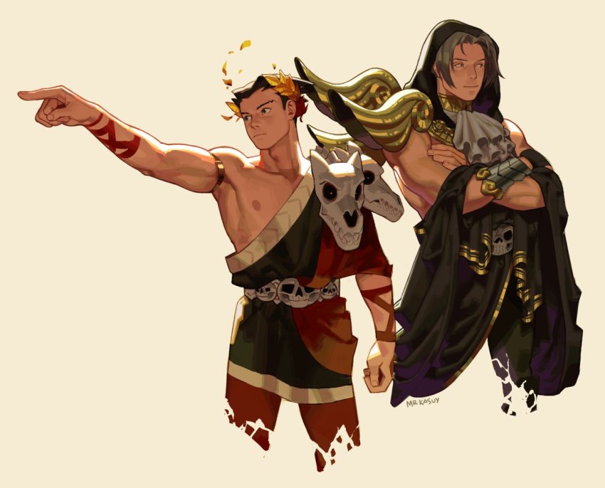 2boys, ace_attorney, ancient_greek_clothes, armor, artist_name, ascot, backlighting, beige_background, bracer, commentary, cosplay, crossed_arms, english_commentary, greco-roman_clothes, grey_hair, hades_(series), hades_1, light_smile, looking_to_the_side, male_focus, miles_edgeworth, mr_kasuy, multiple_boys, parted_bangs, pauldrons, phoenix_wright, shoulder_armor, simple_background, single_bare_shoulder, thanatos_(hades), thanatos_(hades)_(cosplay), toned, toned_male