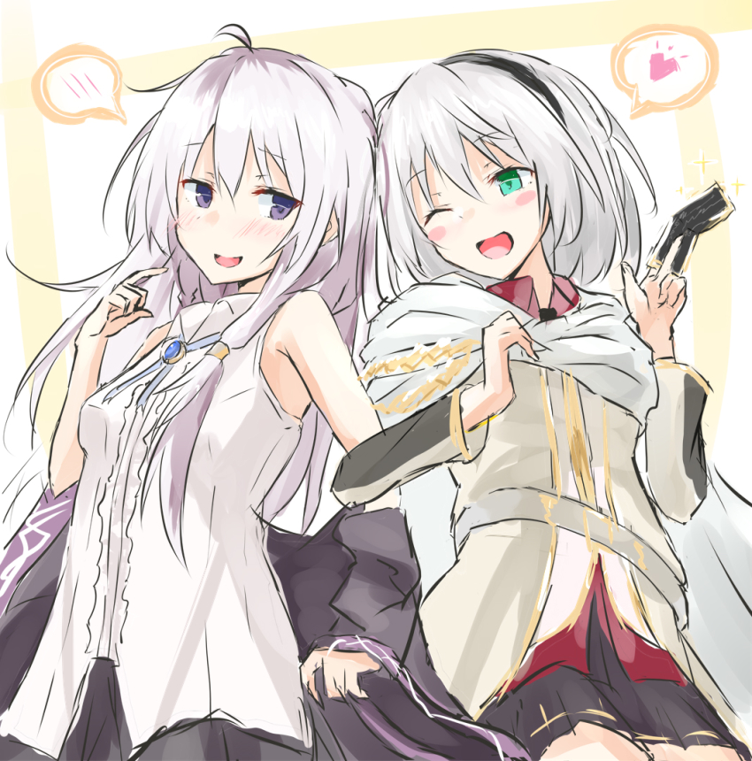 ahoge, amnesia_(majo_no_tabitabi), blouse, elaina_(majo_no_tabitabi), locked_arms, majo_no_tabitabi, otakubotti, shirt