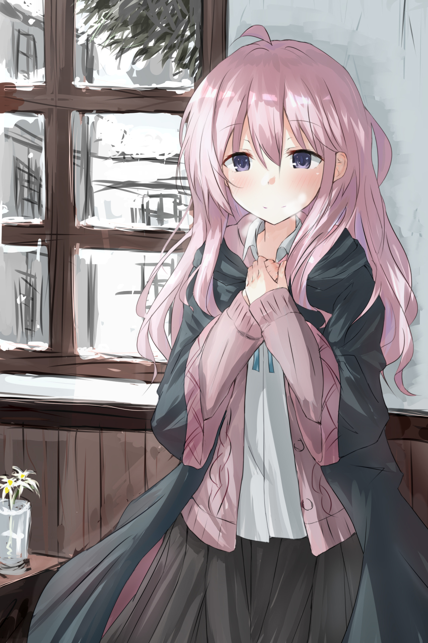 1girl, ahoge, blouse, closed_mouth, collared_shirt, commentary_request, hair_between_eyes, highres