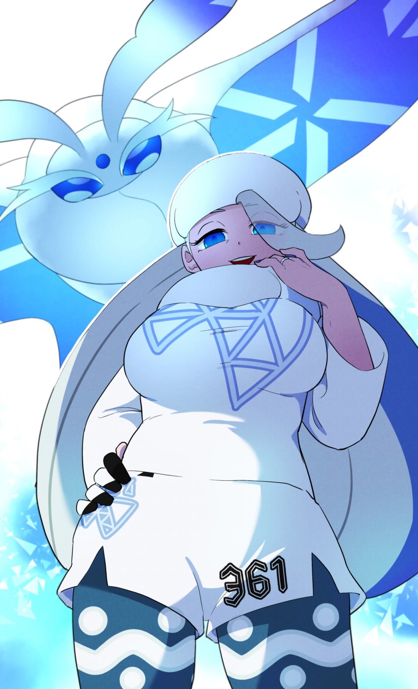 1girl, absurdres, blue_eyes, breasts, commentary_request, frosmoth, fur_hat, gen_8_pokemon