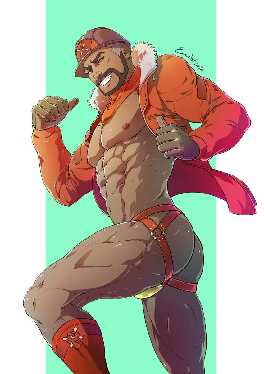 1boy, abs, ass, bandana, bara, bare_pectorals, beard, brown_hair