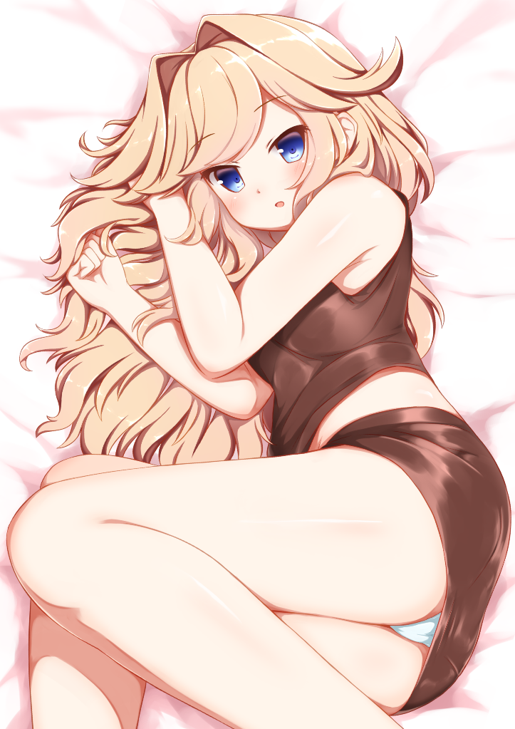 1girl, :o, azur_lane, bare_legs, bare_shoulders, bed_sheet, black_shirt, black_skirt